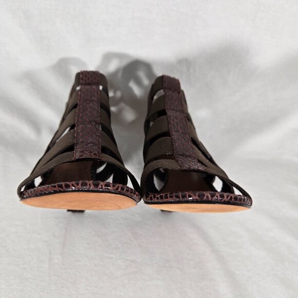 DONALD J PLINER Pira BROWN Watersnake & Stretchy Strappy Ankle Wedge Sandals 8M. - Picture 11 of 17